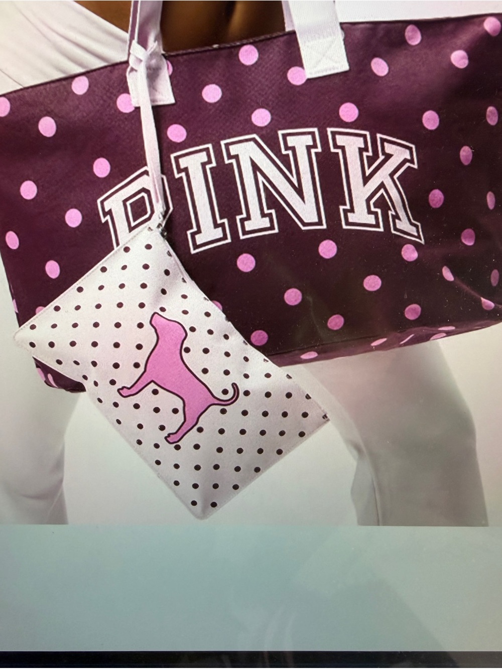 PINK Victoria's Secret Polka Dot Tote Bag with Matching Pouch - Pink